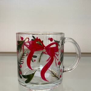 Hand Painted & Jeweled Thick Glass Mug Coquette Christmas Holly & Bows NEW